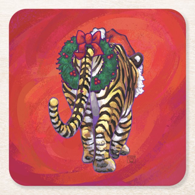 Tiger Weihnachten auf Rot Rechteckiger Pappuntersetzer (Vorderseite)