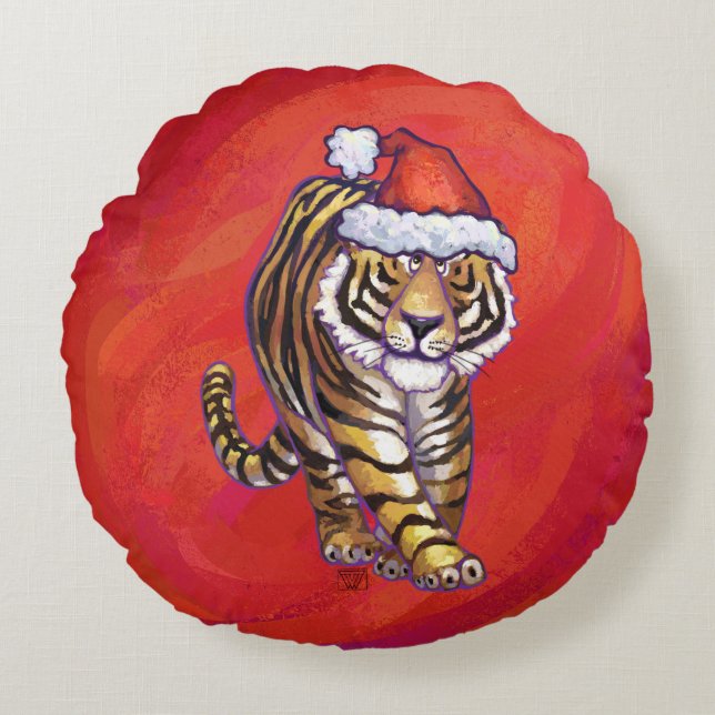 Tiger-Weihnachten auf Rot Rundes Kissen (Vorderseite)