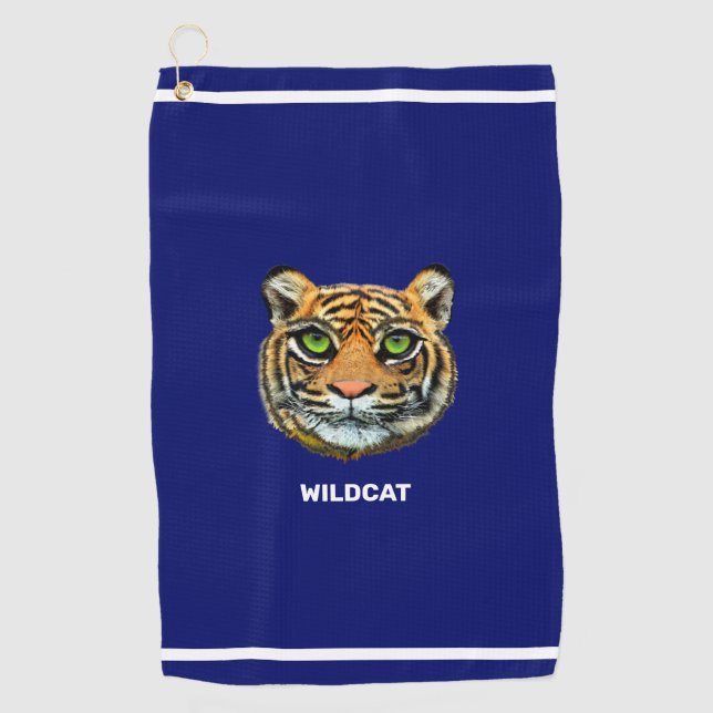 Tiger & Wildcat Text auf Navy Blue & White Stripes Golfhandtuch (Vorderseite)
