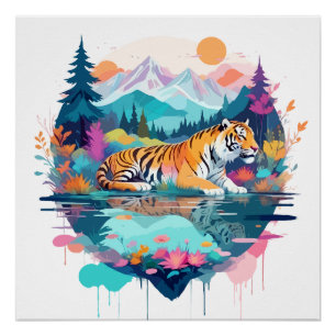 Tiger Wildtiere Natur Außenbereich Wasserfarbe Poster