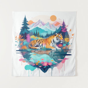 Tiger Wildtiere Natur Außenbereich Wasserfarbe Wandteppich