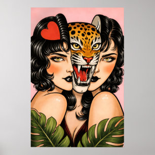 Tiger-Woman-Plakat, Retro-Tattoo-Stil-Wandkunst Poster