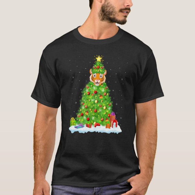Tiger Xmas Licht Baum Funny Tiger Weihnachten T-Shirt (Vorderseite)