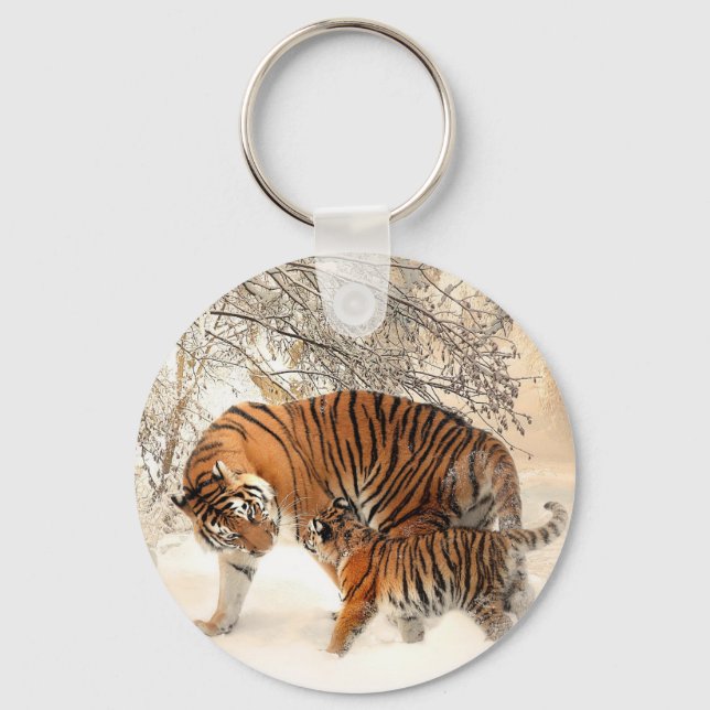Tigerfamilie im Winter Schlüsselanhänger (Vorderseite)