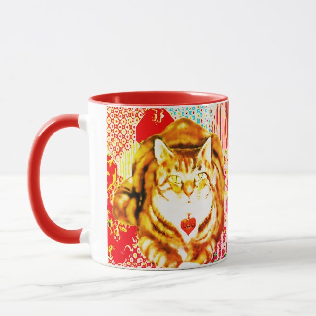 Tigergelbe Katze Rote Whimsical Hintergrund Tasse (Links)