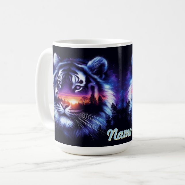 Tigergesicht und Landschaftliche Sonnenuntergangsl Kaffeetasse (Vorderseite Links)
