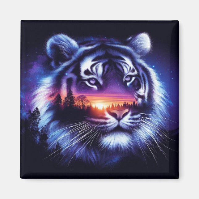 Tigergesicht und Landschaftliche Sonnenuntergangsl Magnet (Vorne)