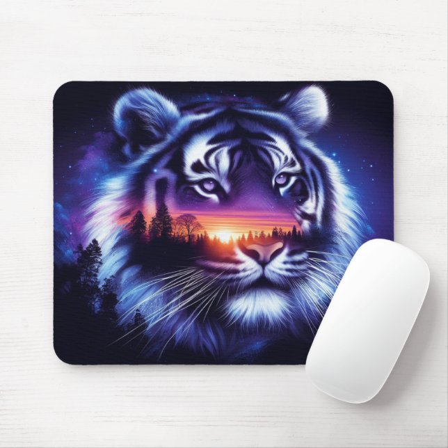 Tigergesicht und Landschaftliche Sonnenuntergangsl Mousepad (Mit Mouse)