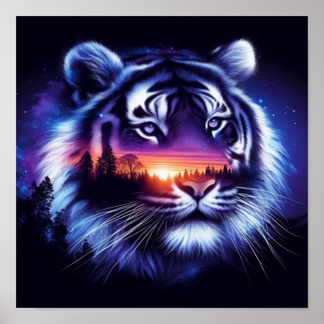 Tigergesicht und Landschaftliche Sonnenuntergangsl Poster (Vorne)