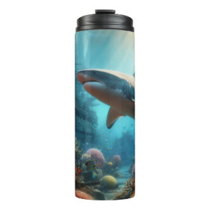 Tigerhai & Korallenriff an der Küste/nautisch Thermosbecher