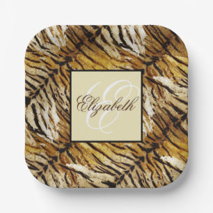 Tigerhaut, Monogramm, stylish, Tiger, gestreift Pappteller