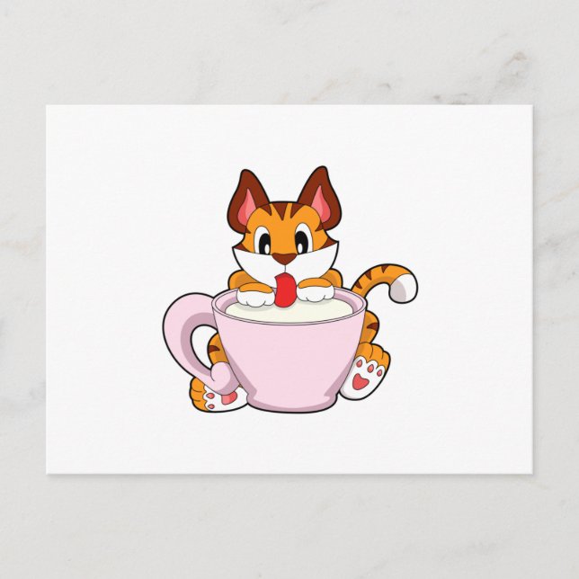 Tigerkatze mit Milchcup.PNG Postkarte (Vorderseite)