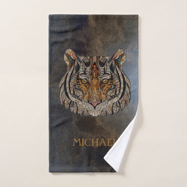 Tigerkopf, Gesicht, Lederblick Badhandtuch Set (Handtuch)
