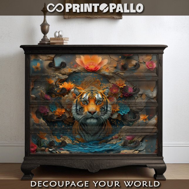 Tigerkopf mit Blume und Steinkollage Seidenpapier (Von Creator hochgeladen)