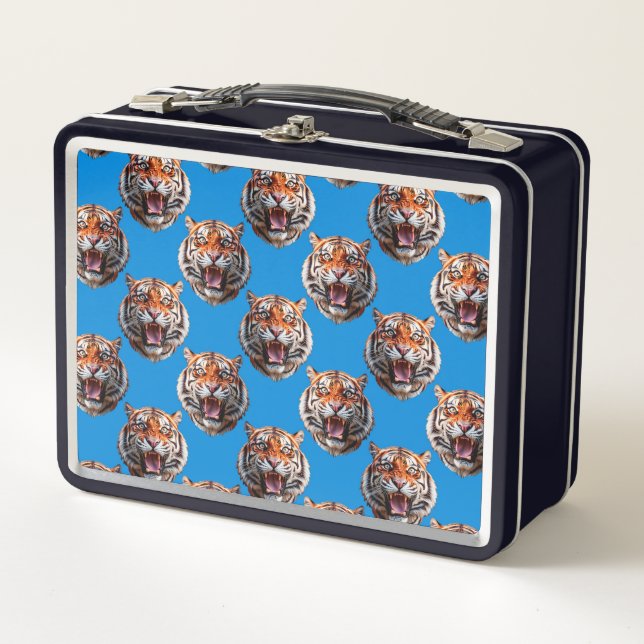 Tigerkopf-Musterdesign Blau  Metall Brotdose (Vorderseite)