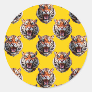 Tigerkopf-Musterdesign gelb Runder Aufkleber