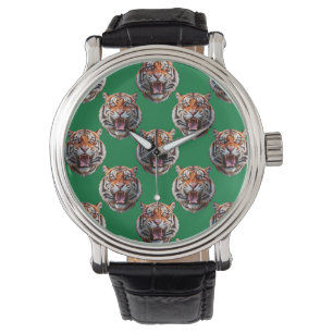 Tigerkopf-Musterdesign Grün Armbanduhr