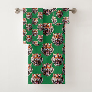Tigerkopf-Musterdesign Grün  Badhandtuch Set