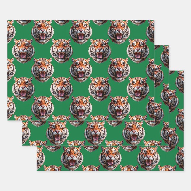 Tigerkopf-Musterdesign Grün  Geschenkpapier Set (Von Creator hochgeladen)