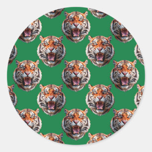 Tigerkopf-Musterdesign Grün Runder Aufkleber