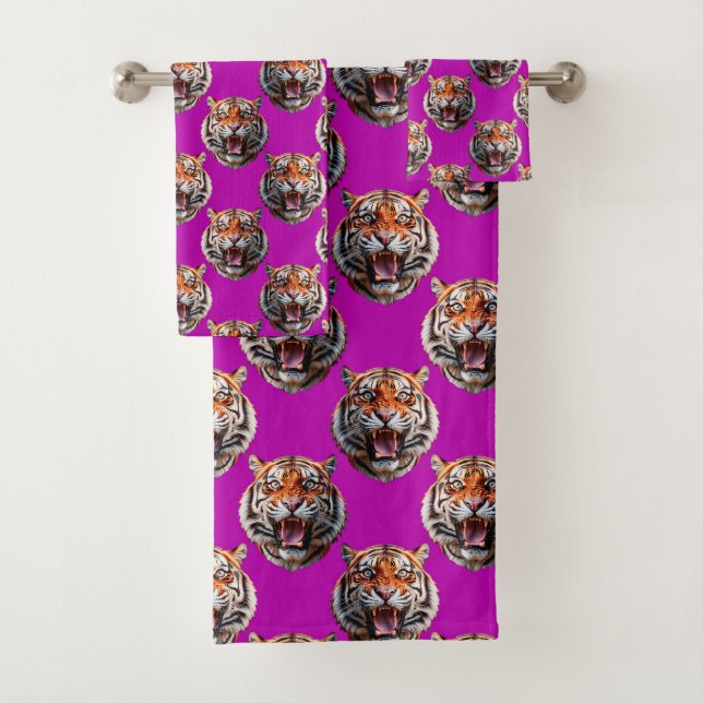 Tigerkopf-Musterdesign Lila  Badhandtuch Set (Insitu)
