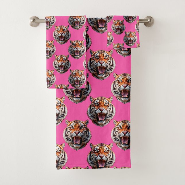 Tigerkopf-Musterdesign Rosa Badhandtuch Set (Insitu)
