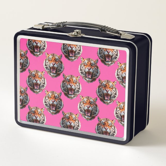 Tigerkopf-Musterdesign Rosa Metall Brotdose (Vorderseite)