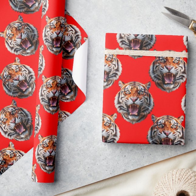 Tigerkopf-Musterdesign Rot Geschenkpapier (Von Creator hochgeladen)