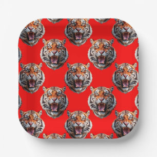 Tigerkopf-Musterdesign Rot Pappteller