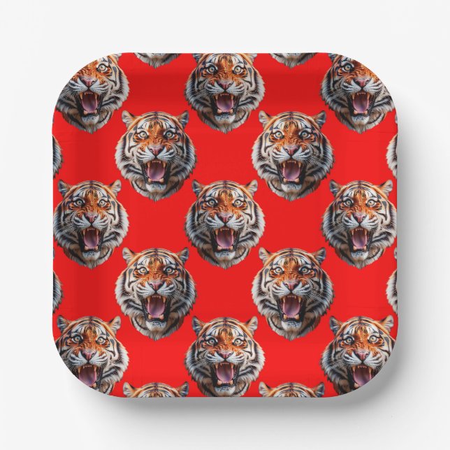 Tigerkopf-Musterdesign Rot Pappteller (Vorderseite)