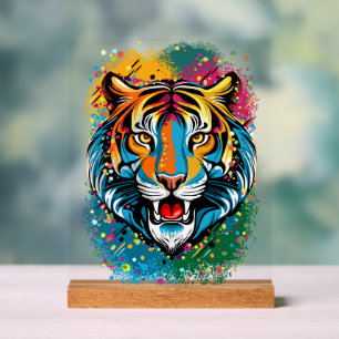Tigerkopf-Regenbogenfarben-Farbflecken Acrylschild