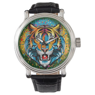 Tigerkopf-Regenbogenfarben-Farbflecken Armbanduhr