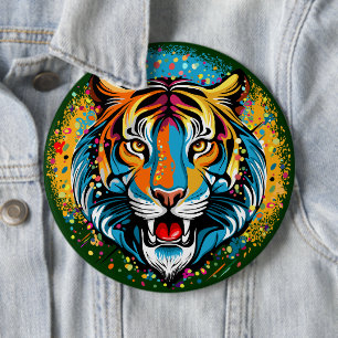 Tigerkopf-Regenbogenfarben-Farbflecken Button