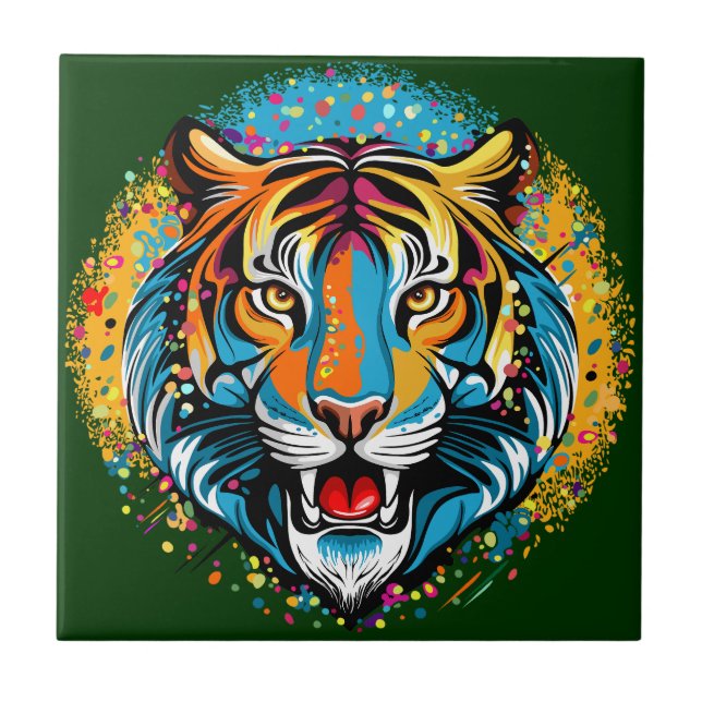 Tigerkopf-Regenbogenfarben-Farbflecken Fliese (Vorderseite)