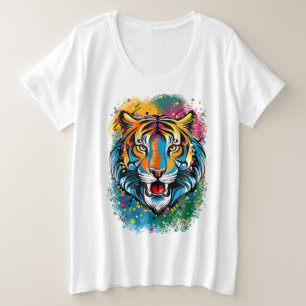 Tigerkopf-Regenbogenfarben-Farbflecken Große Größe T-Shirt