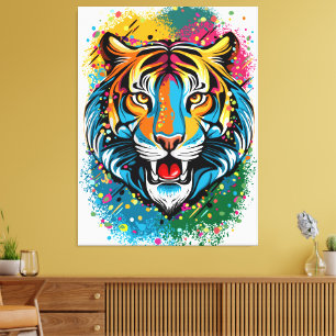 Tigerkopf-Regenbogenfarben-Farbflecken Leinwanddruck