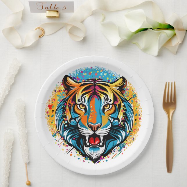 Tigerkopf-Regenbogenfarben-Farbflecken Pappteller (Hochzeit)