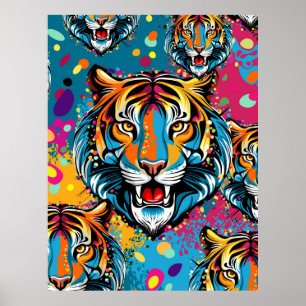 Tigerkopf-Regenbogenfarben-Farbflecken Poster