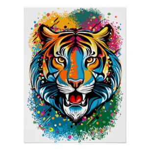 Tigerkopf-Regenbogenfarben-Farbflecken Poster