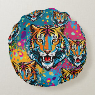 Tigerkopf-Regenbogenfarben-Farbflecken Rundes Kissen