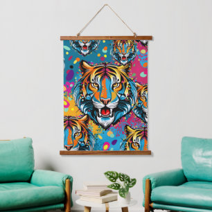 Tigerkopf-Regenbogenfarben-Farbflecken Wandteppich Mit Holzrahmen