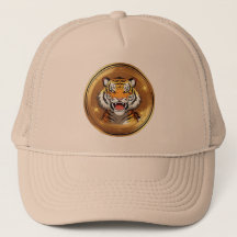 TigerkopfEmblem auf goldenem kreisförmigem Hinterg