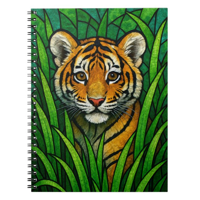 Tigerkube im großen Gras, Buntglas digitale Kunst Notizblock (Vorderseite)