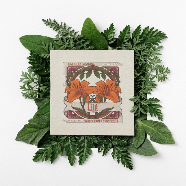 Tigerlilie - Blume bedeutet Vintage Grün Einladung (Transport yourself to a magical garden with this charming tiger lily note card and flower meanings. )