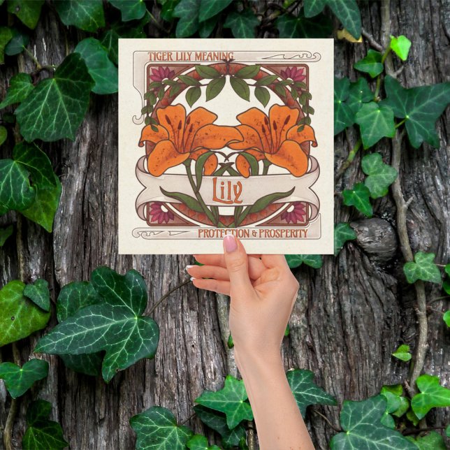Tigerlilie - Blume bedeutet Vintage Grün Mitteilungskarte (Transport yourself to a magical garden with this charming tiger lily note card and flower meanings. )