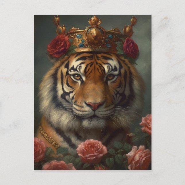 Tigermalerei mit Krone und Rose Postkarte (Vorderseite)