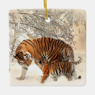 Tigermama und Babyporzellan Keramikornament