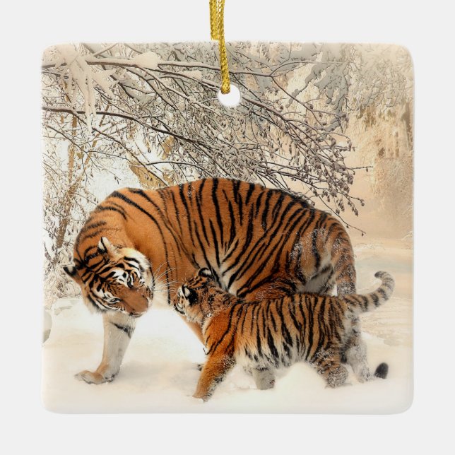 Tigermama und Babyporzellan Keramikornament (Vorderseite)
