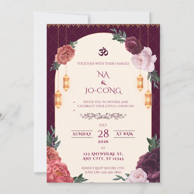 TigerNa Crimson Floral Wedding Invitation Einladung (Vorderseite)