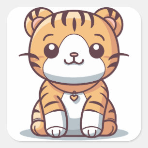Tiger's Delight: Grafik im Kawaii-Stil Quadratischer Aufkleber